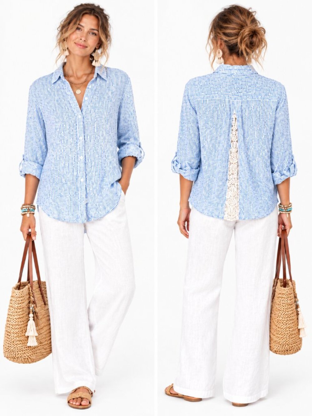 Chico's Women’s Blue & White Stripe Blouse size 1 S M Lace Back Pleat Coastal